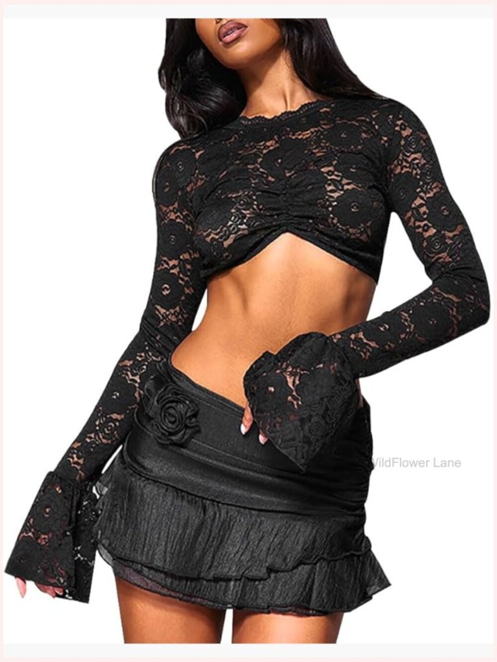 Sheer Floral Lace Mesh Crop Top Long Sleeve Blouse Cut Out Slim Fit Top